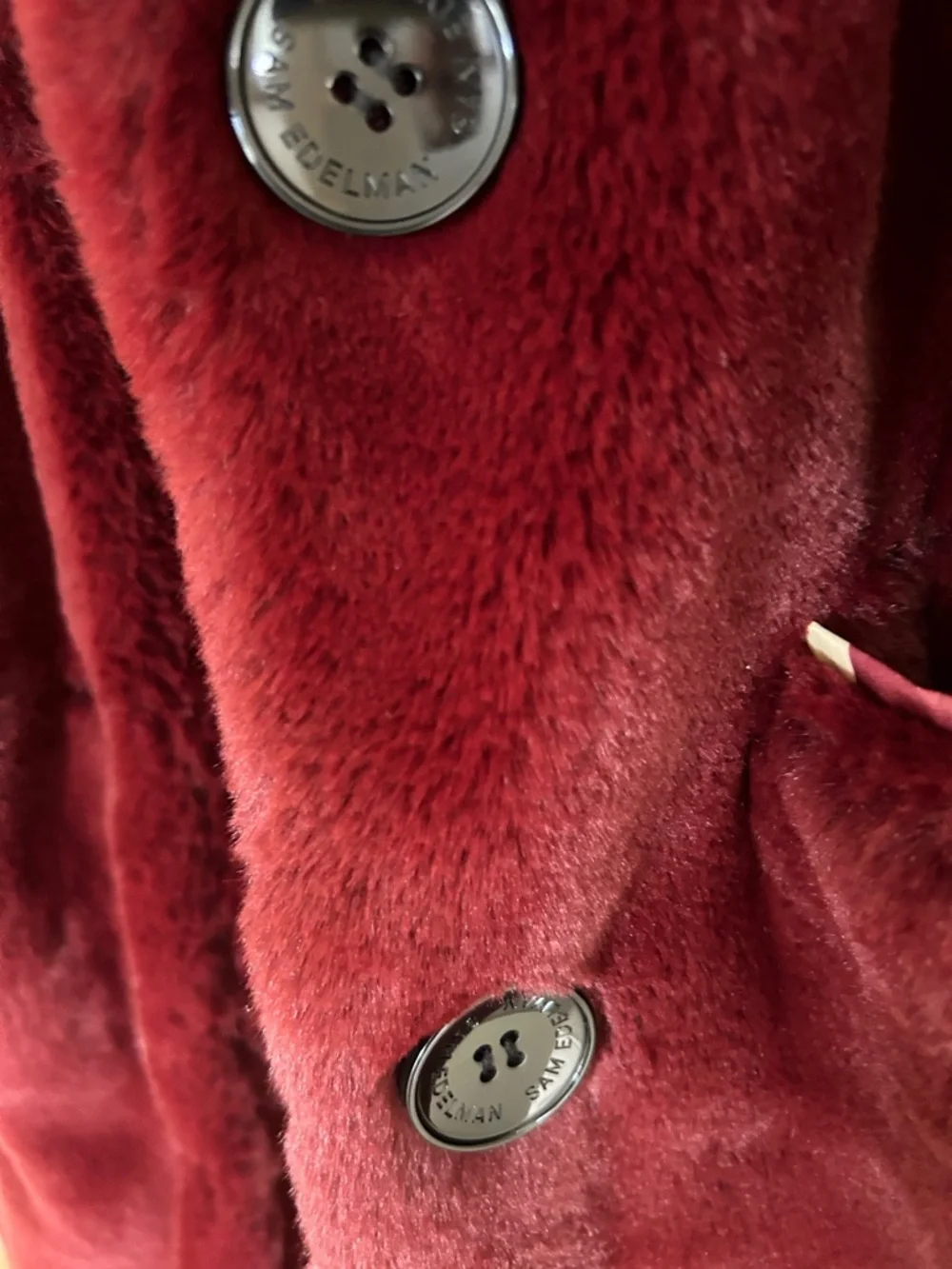 Sam Edelman Burgundy Faux Fur Coat with Black Accents - Picture 7 of 9